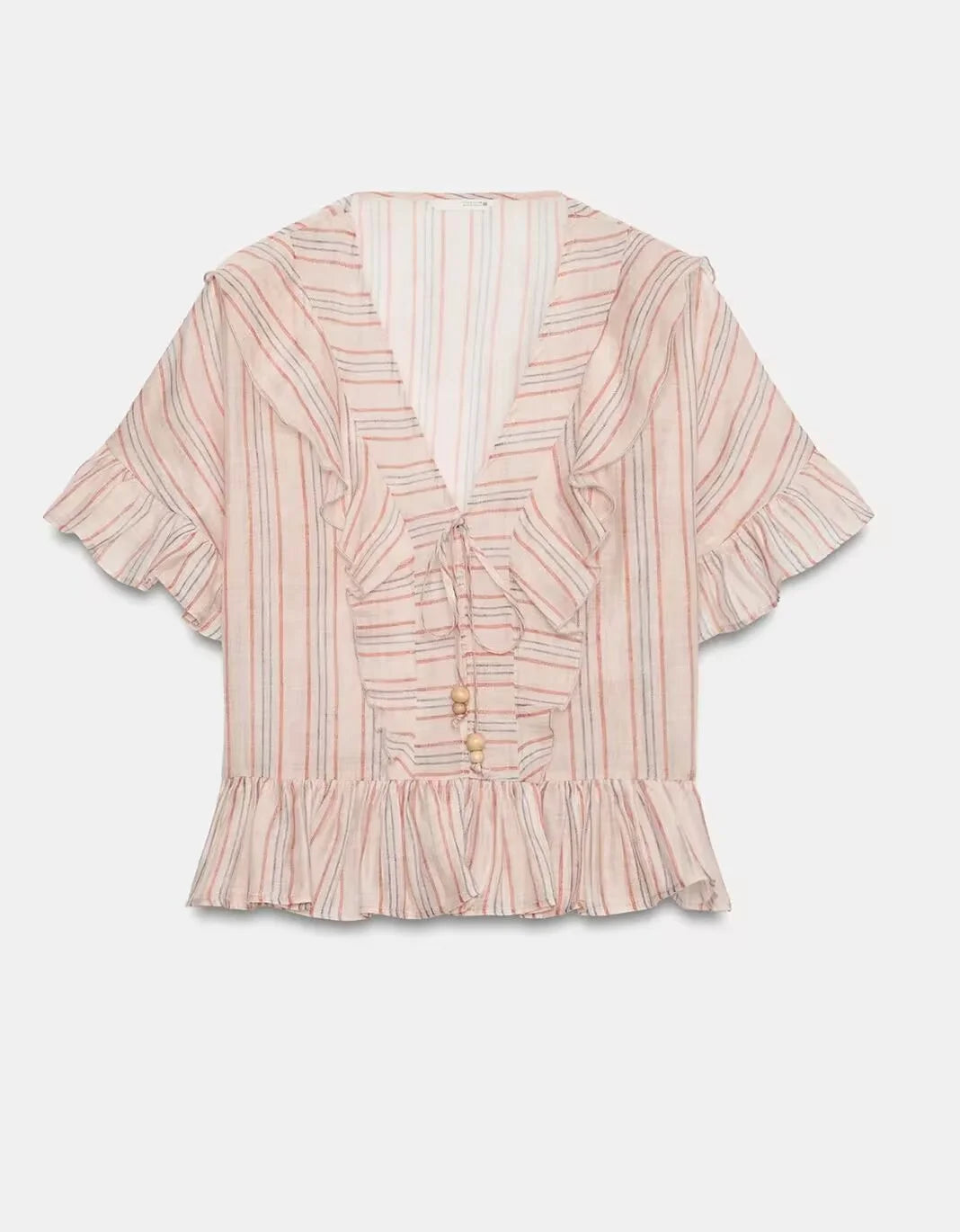 KONDALA Casual Striped Summer Woman Suits Lace-up V-Neck Shirt+ Drawstring Lace Shorts Fashion 2026 Female Elegant Tiered Sets