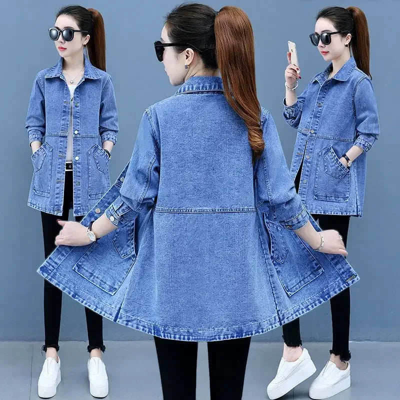 Plain Female Jeans Coats Korean Women's Denim Jackets Long Trench Designer in Promotion 2025 Trend Deals Chic and Elegant New