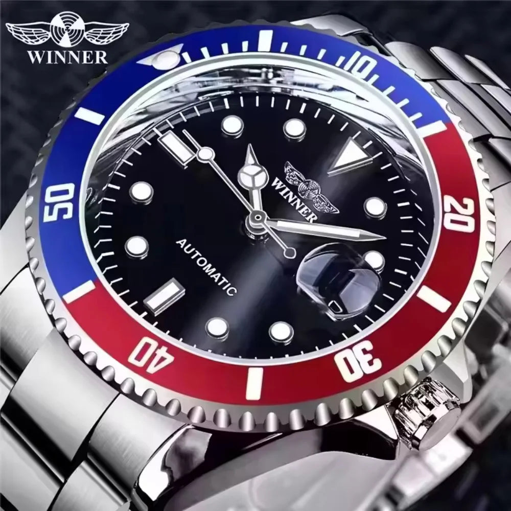 Classic Mechanical Watches Luxury Brand Business Automatic Watch for Men Rotatable Bezel Luminous Dial Steel Strap Clock