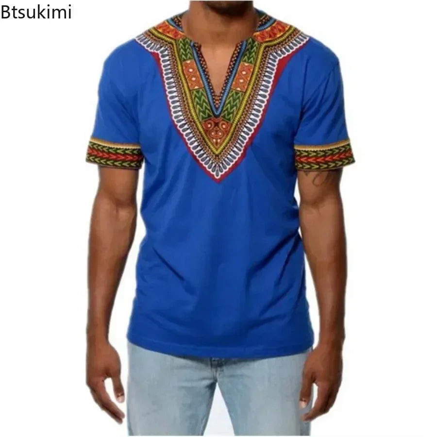 New 2026 Men's African Clothes T-shirts Casual Short Sleeve Traditional Ethnic Style Tops Men's Vintage Printed Perform Clothing