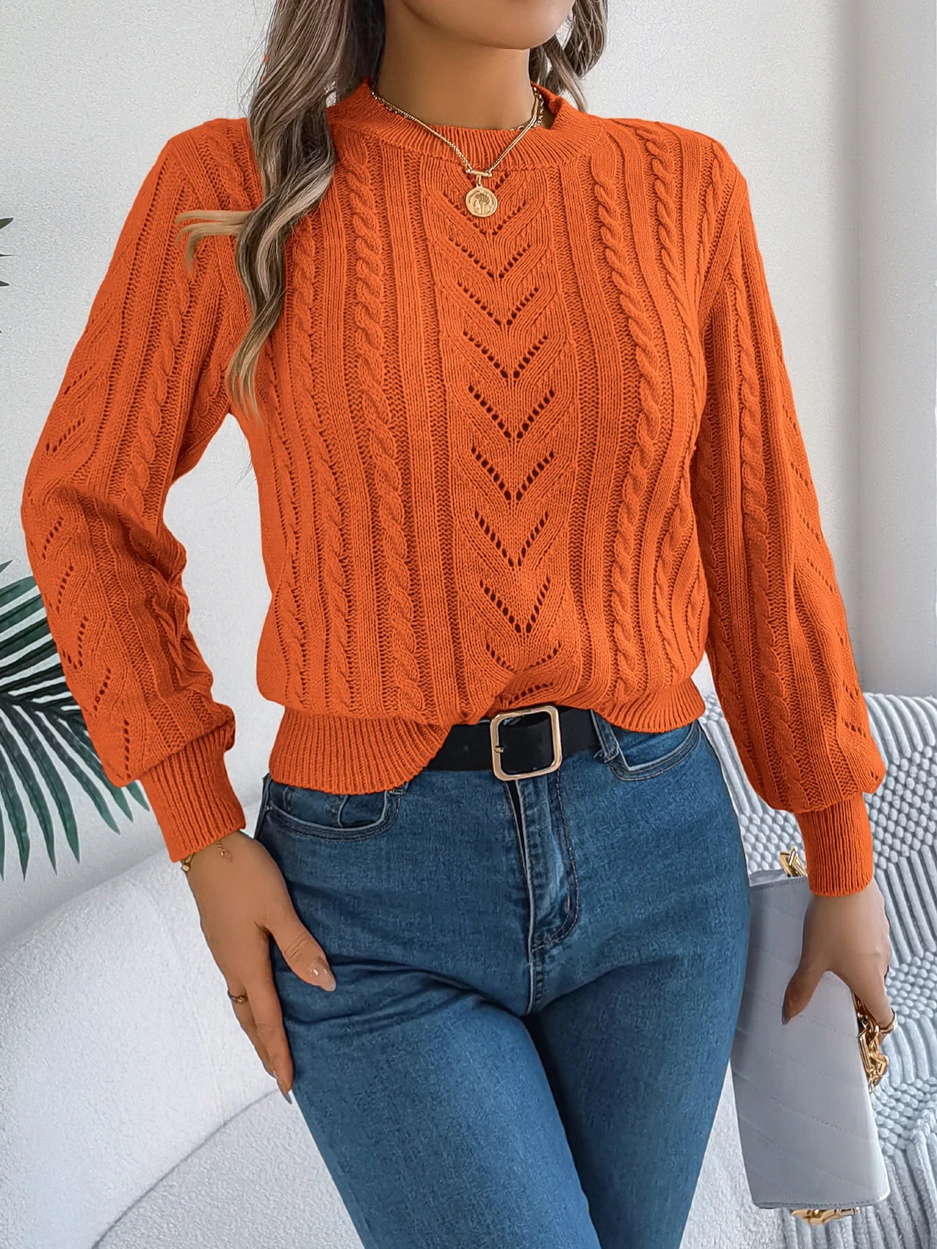 Autumn and Winter Casual Solid Color O-Neck Hollow Out Long Sleeved Pullover Sweater BAZAARHUBO