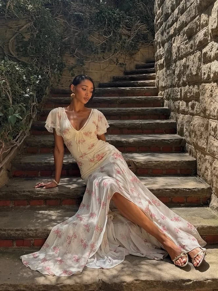 Women Elegant Printed Fishtail Dress Sexy V-neck Short Sleeve Waist-cinching Pleated Slim Maxi Dresses 2026 Lady Vacation Robe