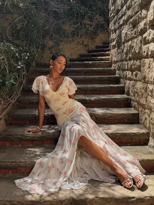 Women Elegant Printed Fishtail Dress Sexy V-neck Short Sleeve Waist-cinching Pleated Slim Maxi Dresses 2026 Lady Vacation Robe