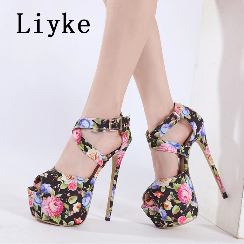 Liyke Runway Sweet Style Sexy Peep Toe 16CM Extreme High Heels Strip Pole Dance Shoes Fashion Print Flowers Platform Women Pumps