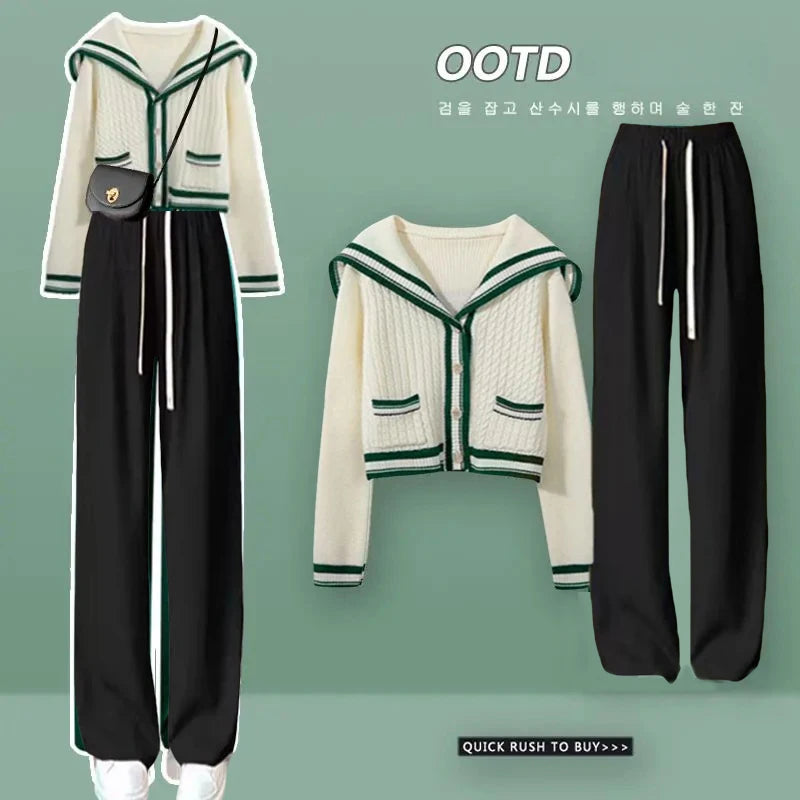 Knitted Spring Preppy Style Sailor Neck Women's Knitted Cardigan Elastic Wide Leg Pants Long Sleeve Korean Sportswear Set