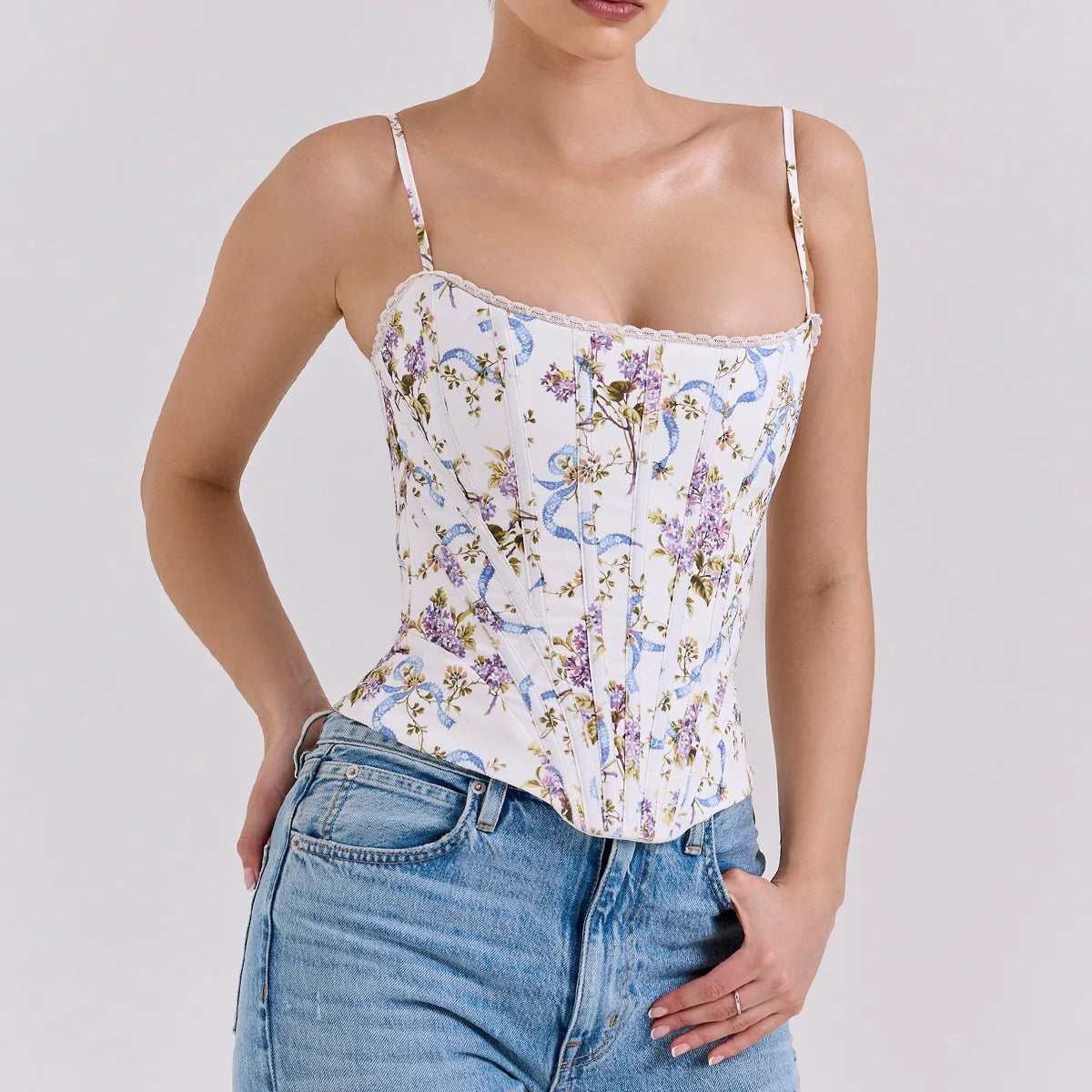 Suninheart Summer Corset Top Sexy 2025 Floral Print Camisole Vest for Women Backless Slim Fit Drawstring Top for Night Club