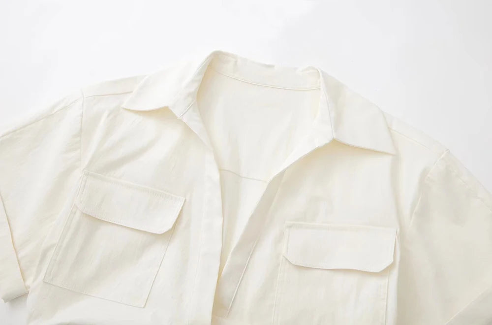 Women Fashion Front Knot Elastic Linen Cropped Shirts Vintage Short Sleeve Patch Pockets Female Blouses Blusa Chic Tops