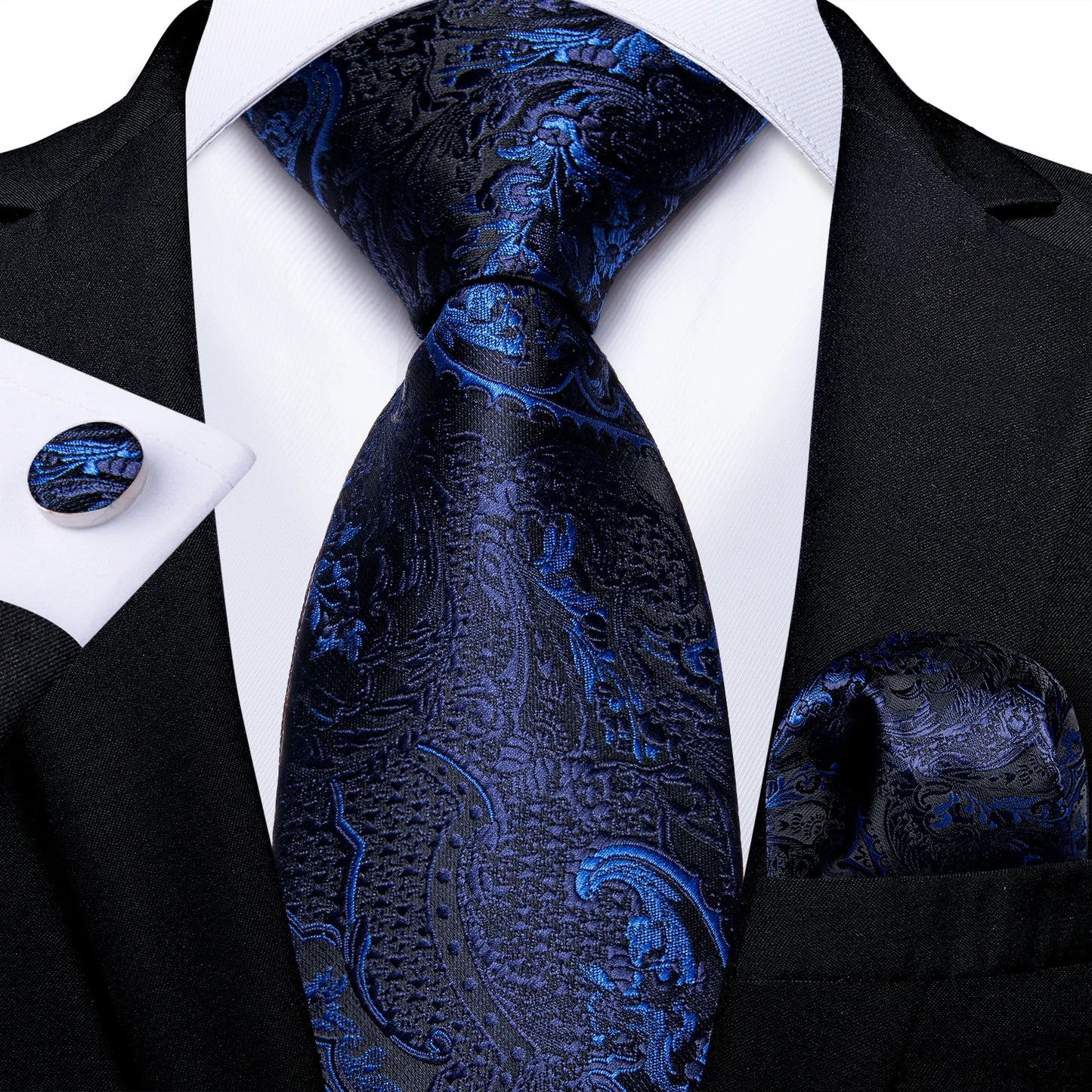 Royal Blue Paisley Plaid Striped Men tie Set with Handkerchief Cufflinks Wedding Prom Groom Accessories Perfect Gift for Men BAZAARHUBO