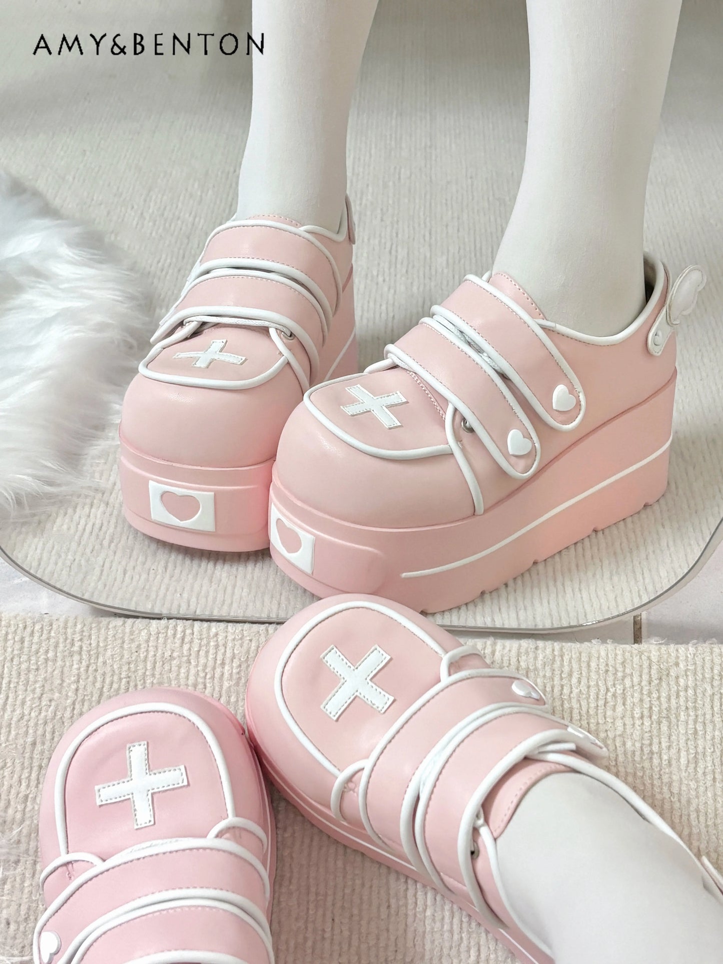 Original Japanese Cute Cross Print Thick-soled Muffin Shoes Subculture Sweet Cool Girl Round Head Pu Leather High Heels Women