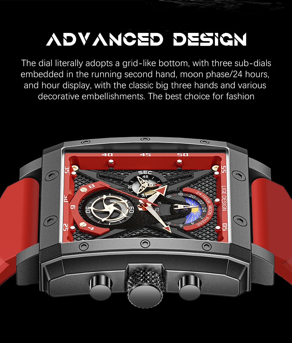 LIGE New Fashion Mens Watches Top Brand Luxury Silicone Quartz Watch For Men Waterproof Chronograph 24 Hour Moon Phase Clock+Box