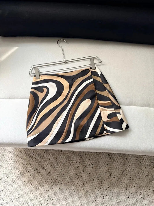 Summer Fashion Beach Style Vintage Geometric Print Silk Short Skirt Women's Party Sexy Slim Button A-Line Half Skirt