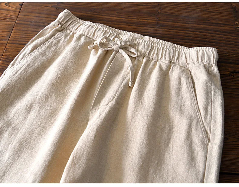 70% Linen,30% Cotton Men's Drawstring Elastic Waist Casual Pants, Straight Loose Ramie Trousers, Camping Fishing Comfortable
