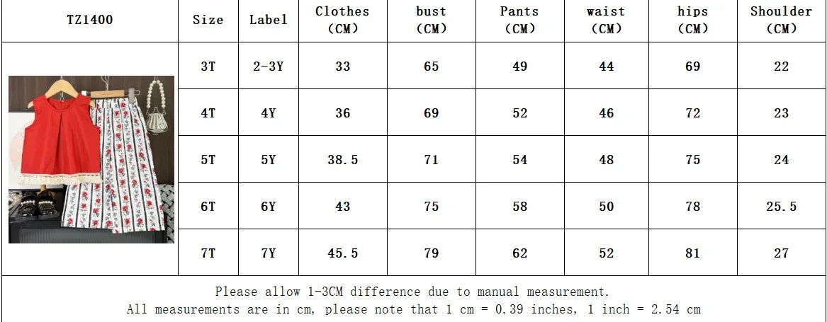 Summer Casual Girls Clothes Korean Version Fashion Simple Children Red Sleeveless Tassel Top+Flower Print Pants 2 Pcs Suit