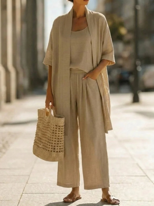 Casual Solid Cotton Linen Loose Vest Shirt Trouser 3pc Set Women Short Sleeve Cardigan Wide Leg Pants Suits Summer Lady Outfits