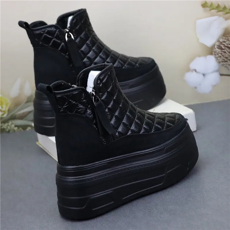 12cm Winter Leather Silver Women Snow Boots Thick Sole Waterproof Warm Platform Boots Women Plush Mid-calf Boots Increases Heigh