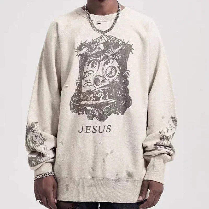 Real Photo Portrait Graffiti Print Saint Hoodie Wash Do Old Destroy Loose Pullover Casual Women Men Sweatshirt