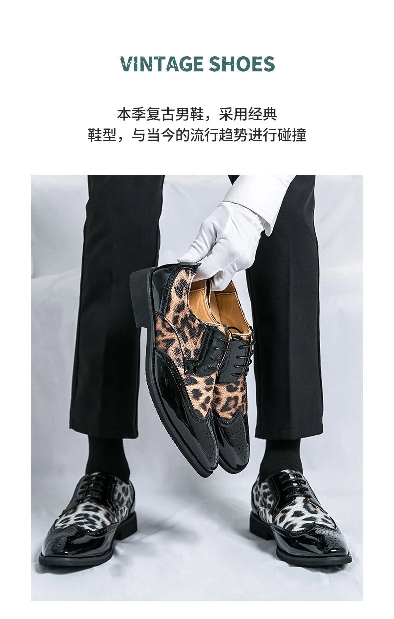 2025 Fashion Leopard Dress Shoes Man Pointed-Toe Lace-up Luxury Man Comfortable Leather Shoes For Men Plus Size 48 Oxford shoes