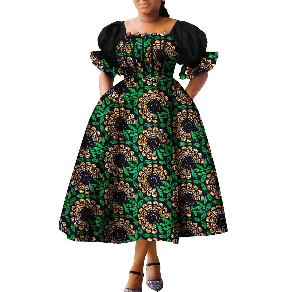 African Style Dresses for Women Puff Sleeve High Waist Gowns Ankara African Dress Princess Dress Robe Africaine Femme WY9970