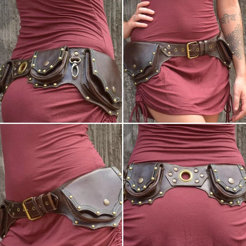 Women's Waist Bag Medieval Steampunk Pu Leather Belt Bag Retro Cosplay Costume Props Rivet Mountain Climbing Outdoor Sports Bag