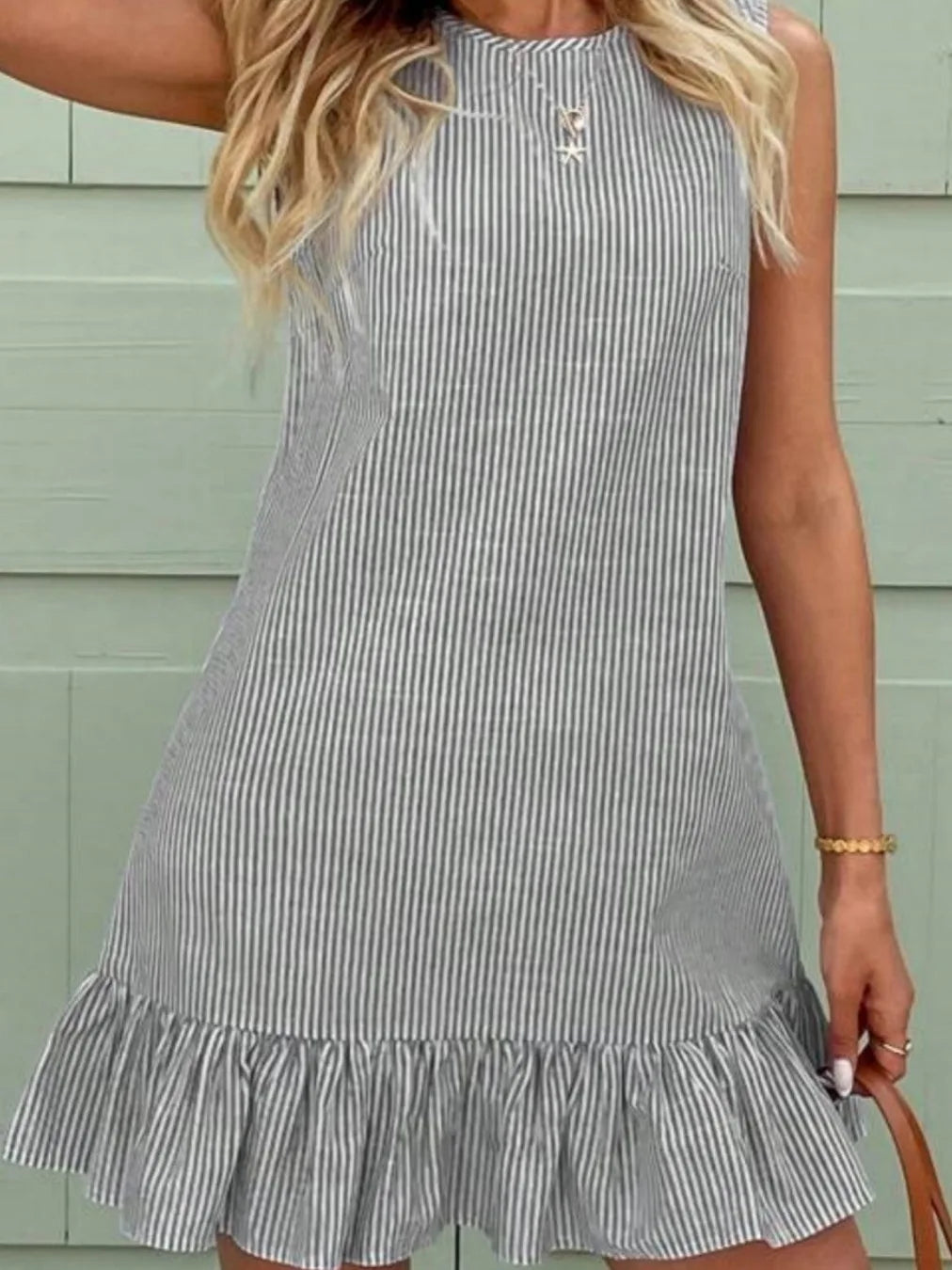 Casual Ruffle  Dress Striped Sleeveless City Commute Summer Fashion Ladies' H-Style Loose Fit round Neckline Polyester