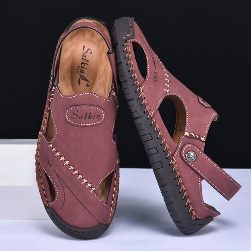 New Handmade Summer Sandals Men Breathable Leather Shoes Man Outdoor Men Sandals Antiskid Beach Sandals Hollow Shoes Footwear