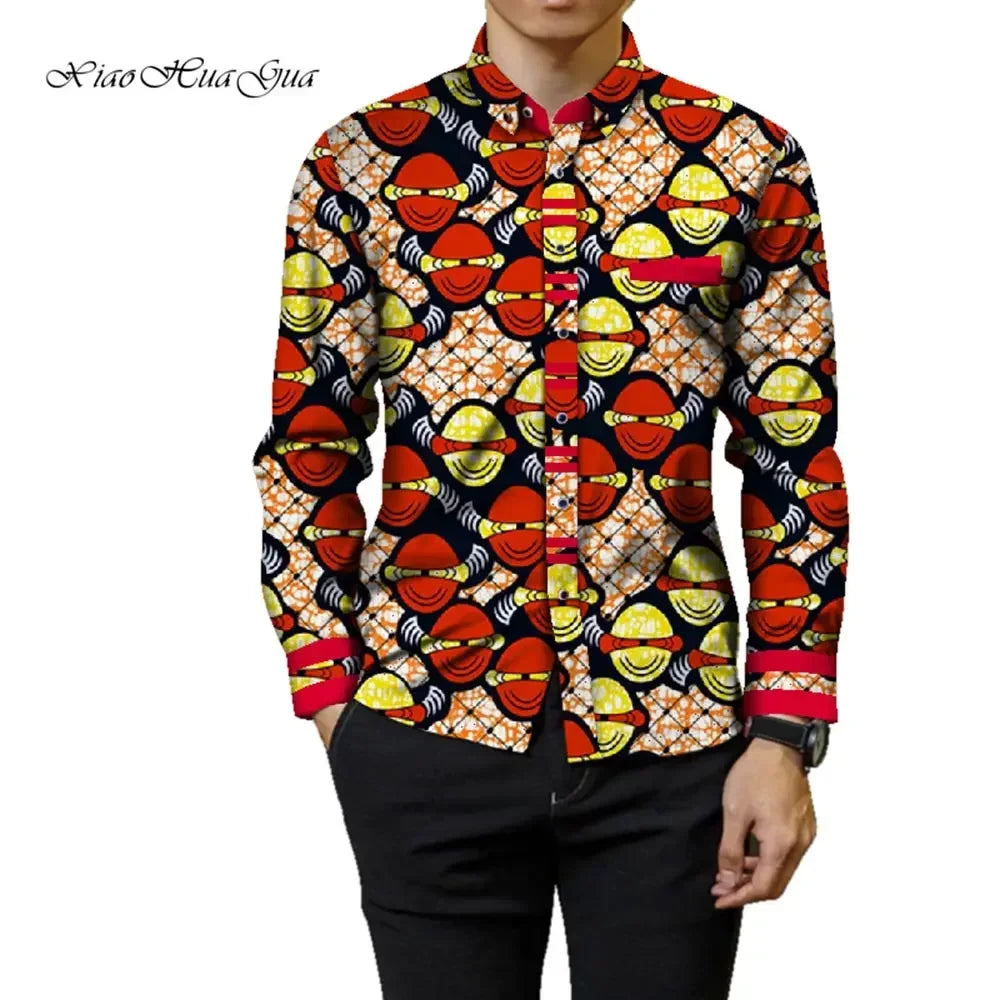 Fashion Mens Africa Festive Clothing Ankara Clothes African Print Tops Long Sleeve print Cotton patchwork T-shirt wyn905