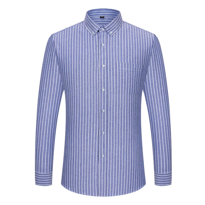 100%Pure Cotton Shirt Long Sleeve  Oxford Casual Solid Color Striped Regular Fit Formal Dress Shirt Men's Clothing 6XL 7XL