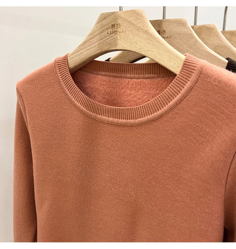 Women's O-neck Velvet Thicken Sweaters Winter Slim Warm Long Sleeve Knitted Tops Casual Plush Fleece Lined Soft Pullovers Ladies
