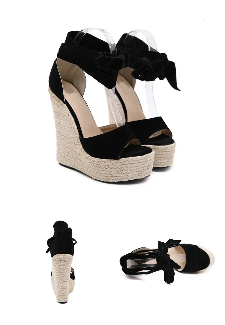EilyKen Summer Butterfly-Knot Open Toe Women Sandals Fashion Solid Platform High Heel Wedge Shoes Ankle Lace-up Pumps