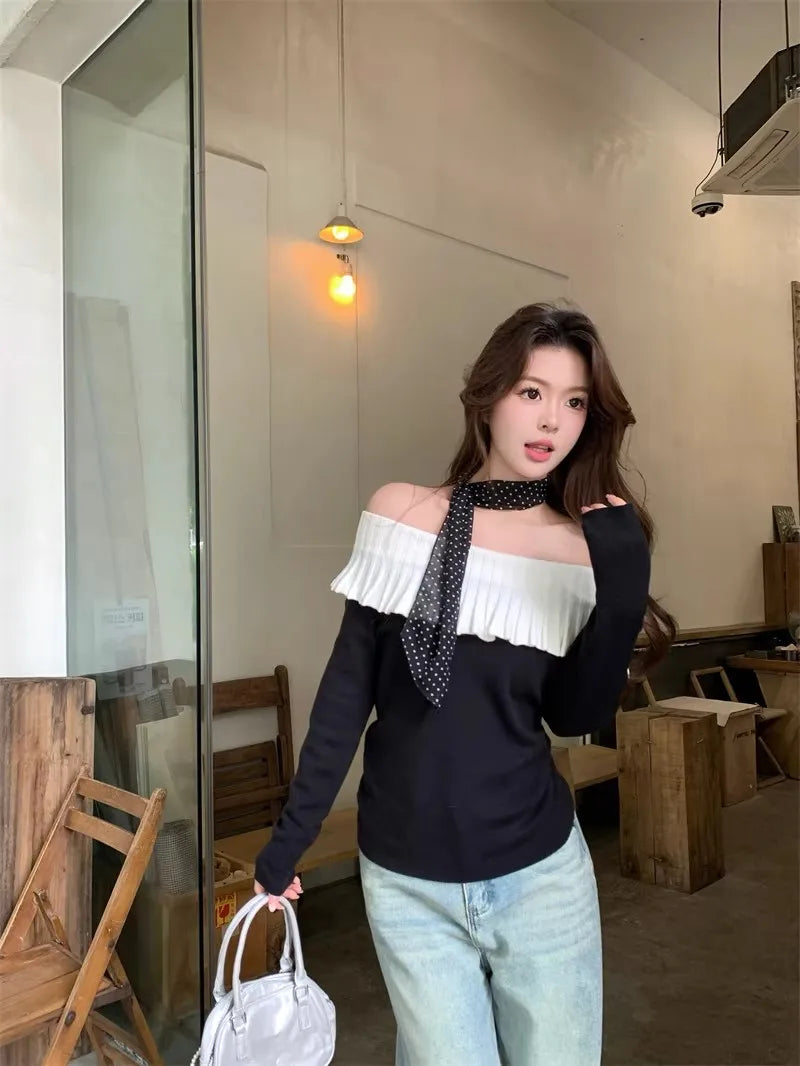 Women's Solid Color Slash Neck Ruffles Sweater Short Pullover Korean Fashion Chic Retro Style for Autumn Winter