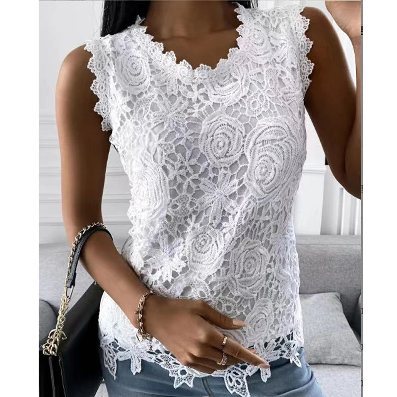 Summer Floral Lace Sleeveless Blouse O Neck Tank Top For Women Rose Pattern
