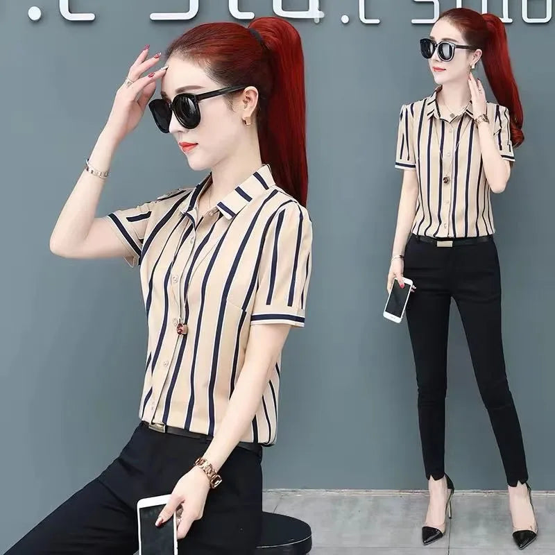 Fashion Women Spring Summer Style Blouses Shirts Lady Casual Office Work Wear OL Short Sleeve Striped Blusas Tops