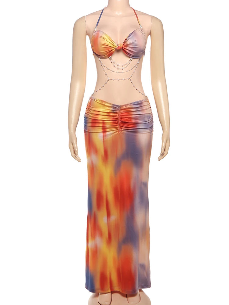kliou Pearl Splice Stunning Dresses Women Sexy Tie Dye Tassel Bandage Hollow Shirring Maxi Bodycon Lady Vacation Party Vestidos