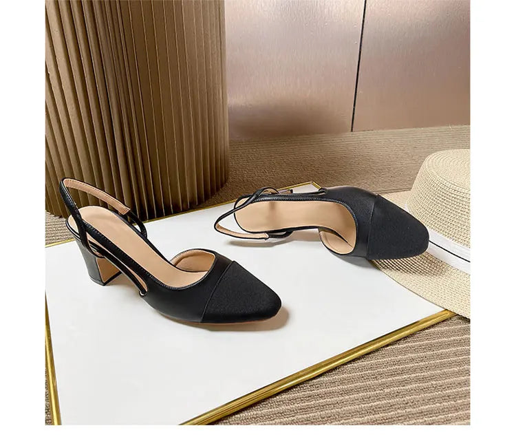 2023Spring Autumn Fashion High Heels Sandals Women's Dress Square Toe Slingback Shoes Women's Color Block Back With Flat Sandals