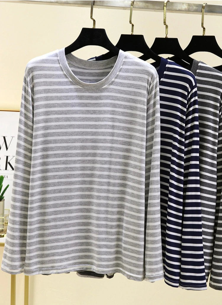 Spring Men Striped T-Shirt Loose and Versatile Sleepwear Round Neck Long Sleeved Top Casual Plus Size Simple Pajamas Homewear