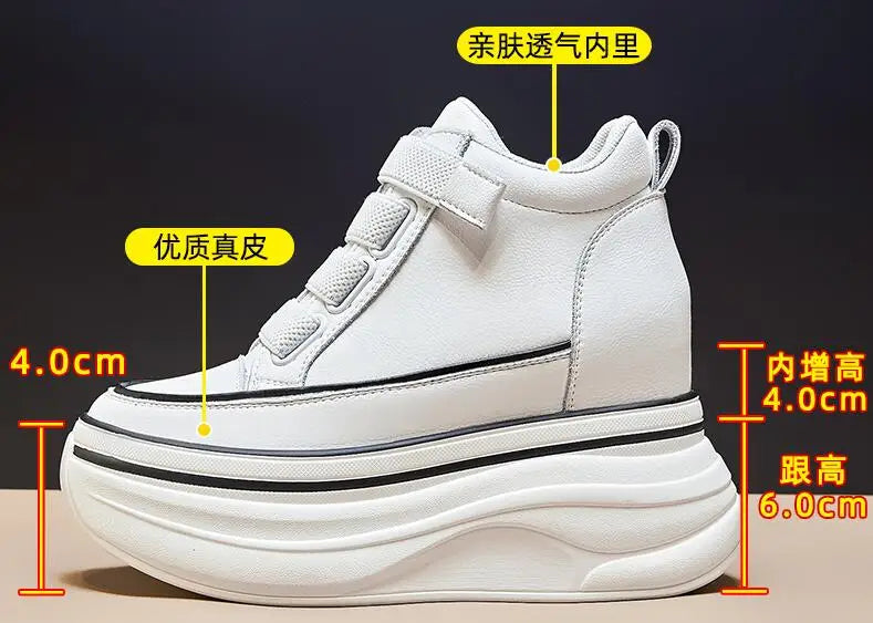 10cm Genuine Leather Platform Wedge Mid Calf Ankle Motorcycle Booties Non Slip Hidden Heel New Women Slip-On Autumn Spring Shoes