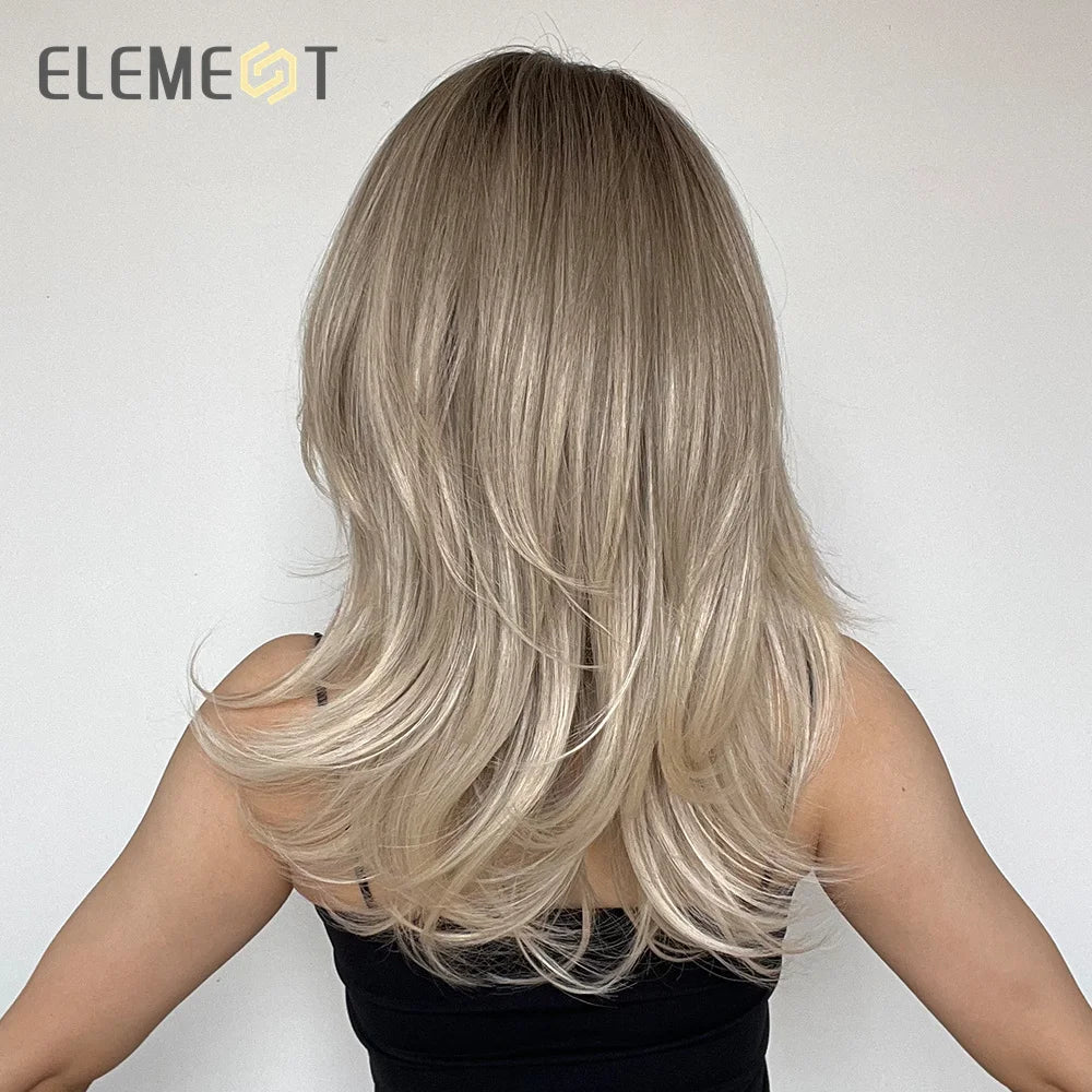 ELEMENT Synthetic Wig Medium Wavy Hair Ombre Brown Blonde Wigs for Women Daily Party Cool Heat Resistant Breathable Headband
