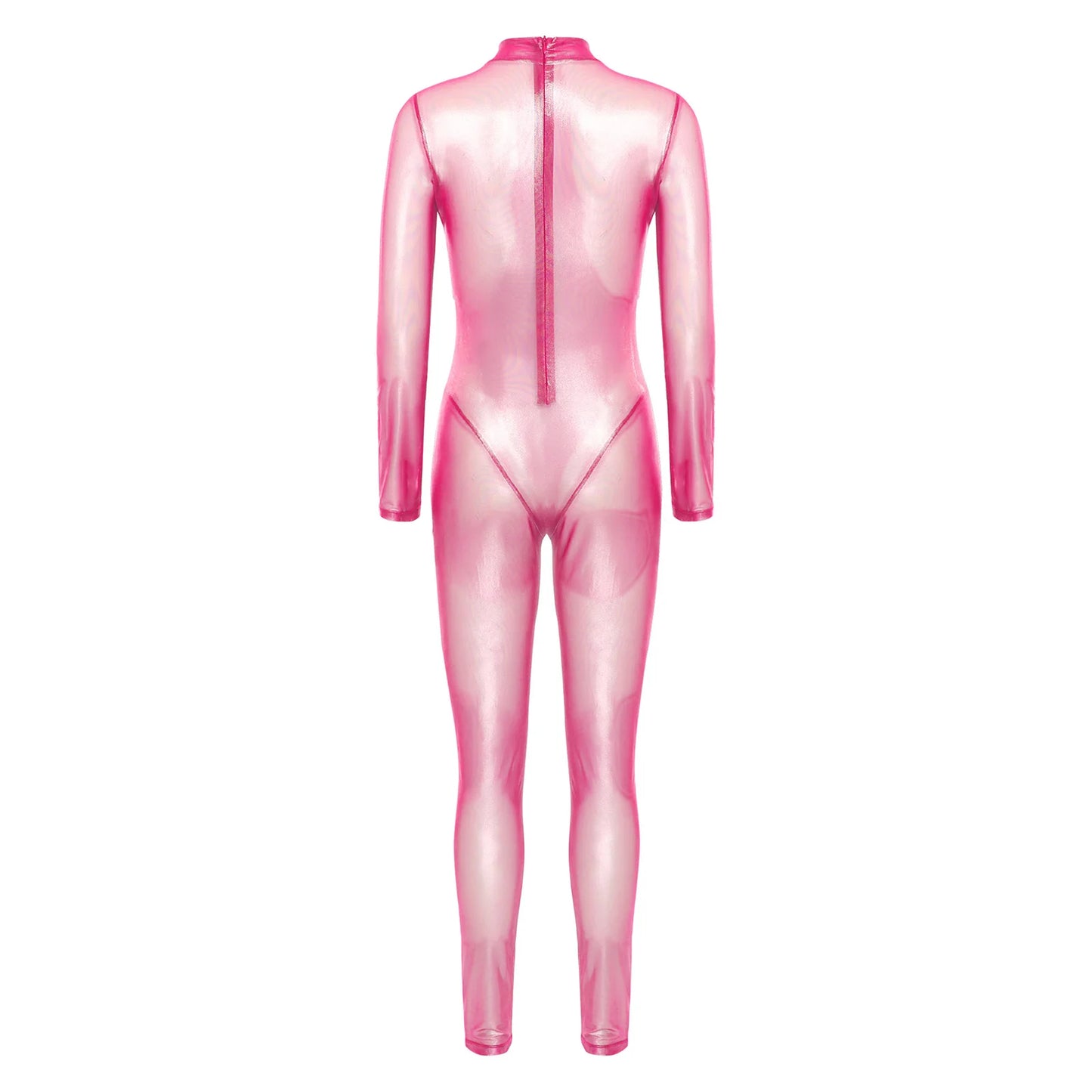 Women Metallic Shiny Full Body Unitards Sheer Rave Party Nightclub Jumpsuit Long Sleeve Long Pants Back Zipper Catsuit Clubwear