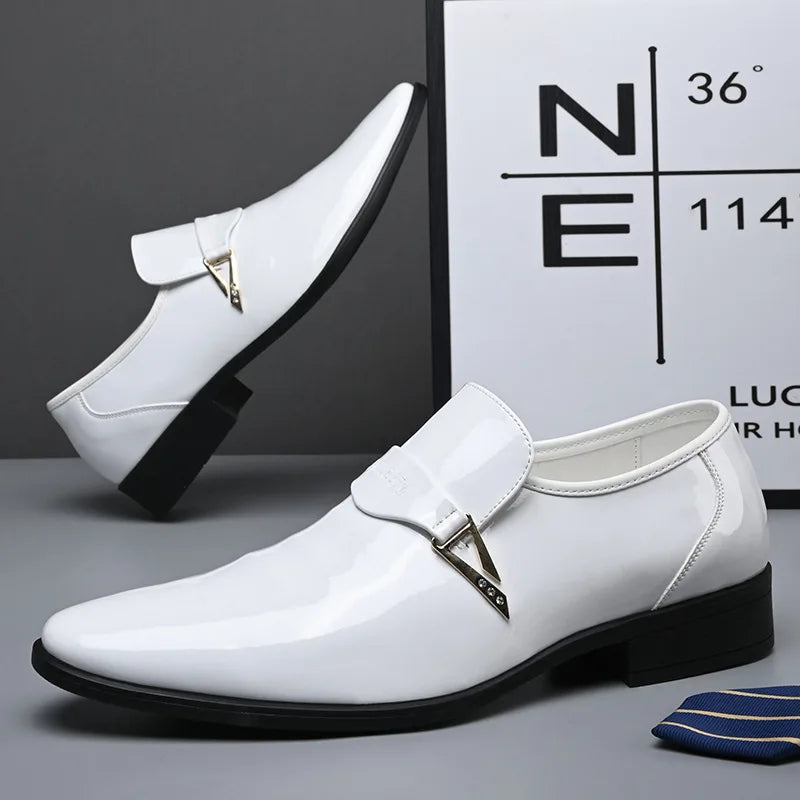 White Leather Shoes for Men 2025 New Patent Leather Business Men Casual Shoes Slip on Party Dress Footwear Pointed Toe Loafers