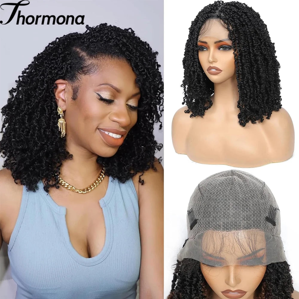 Synthetic Full Lace Front Braid Wig 14inch Curly Faux Locs Black Color Large Parting Space Twist Dreadlock Wigs for Black Women