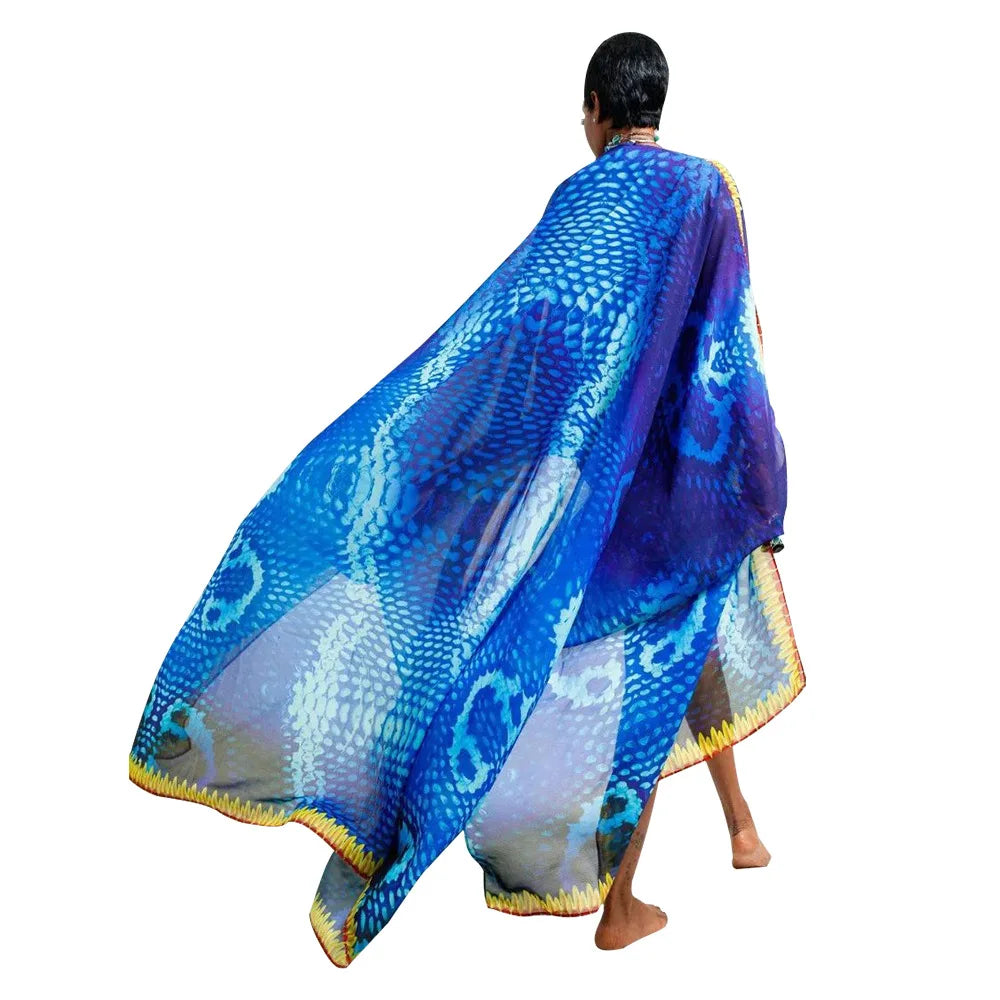 African Dresses for Women See-Through Chiffon Sexy V-neck Bohemian Printing Maxi Dresses Africa Kimono Bikini Holiday Beachwear