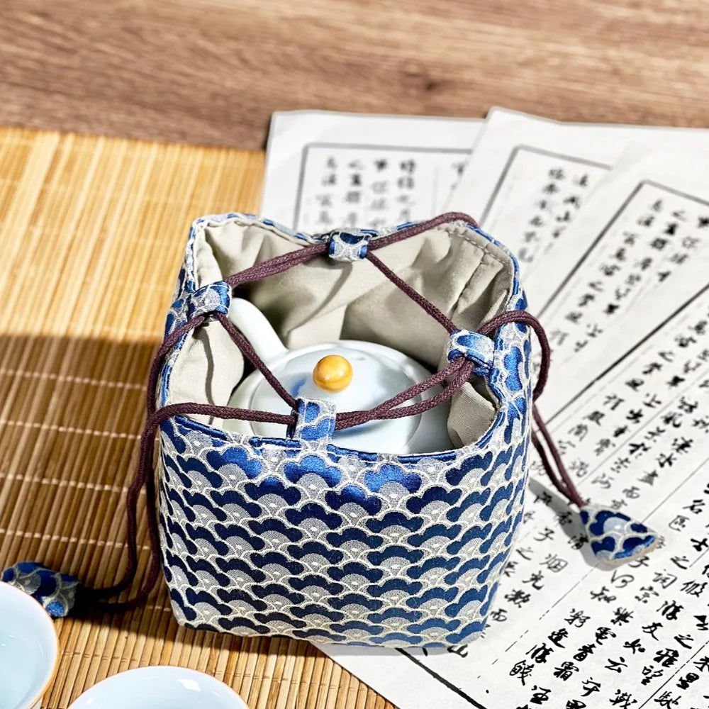 Chinese Style Tea Set Organizer Bag Embroidered Breakage-proof Teacup Drawstring Cloth Pouch Tea Ceremony Accessories