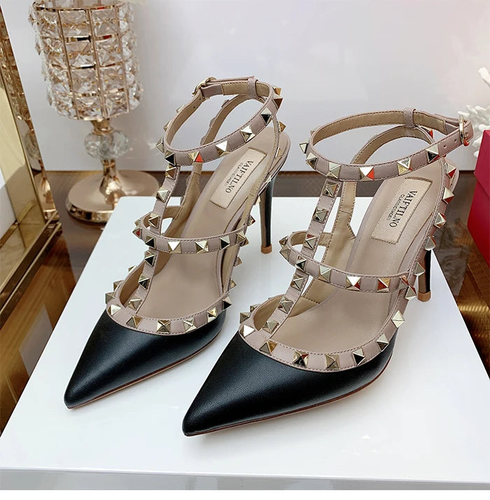Nude Women's Gladiator sandals Summer 2025 Luxury With Ankle Strap Pointed Toe Fashion Rivet High Heels Party Ladies Shoes Women