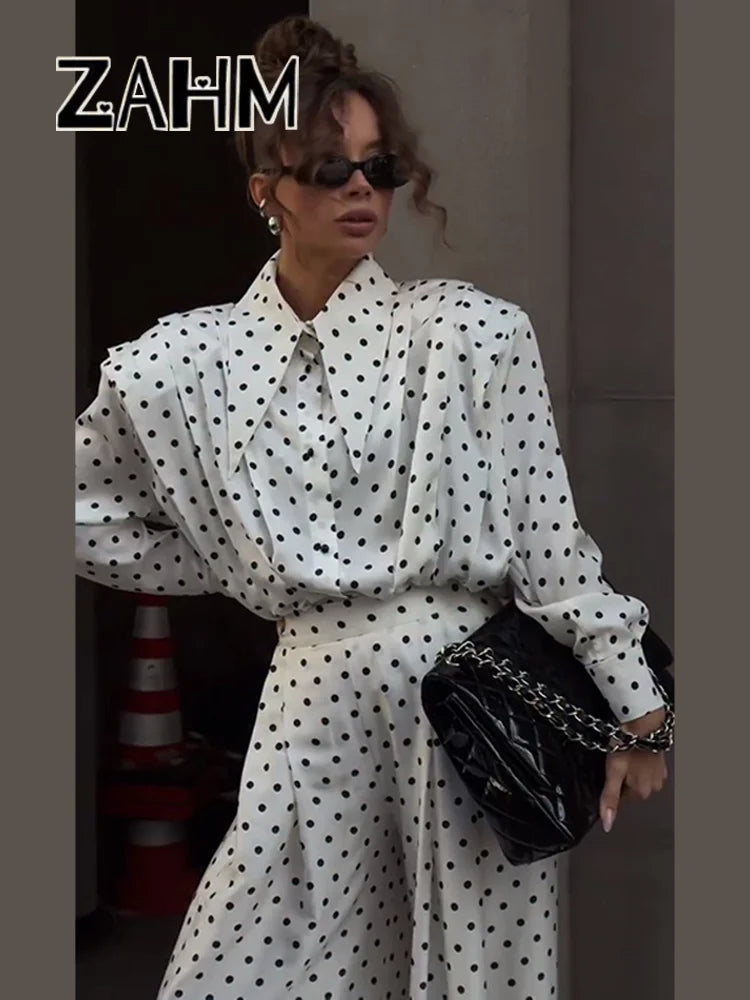 Elegant Dot Shirt Pants Women Set Casual Lapel Button Pleated Blouse Wide Leg Trousers 2026 Spring Summer Chic Lady Outfit New
