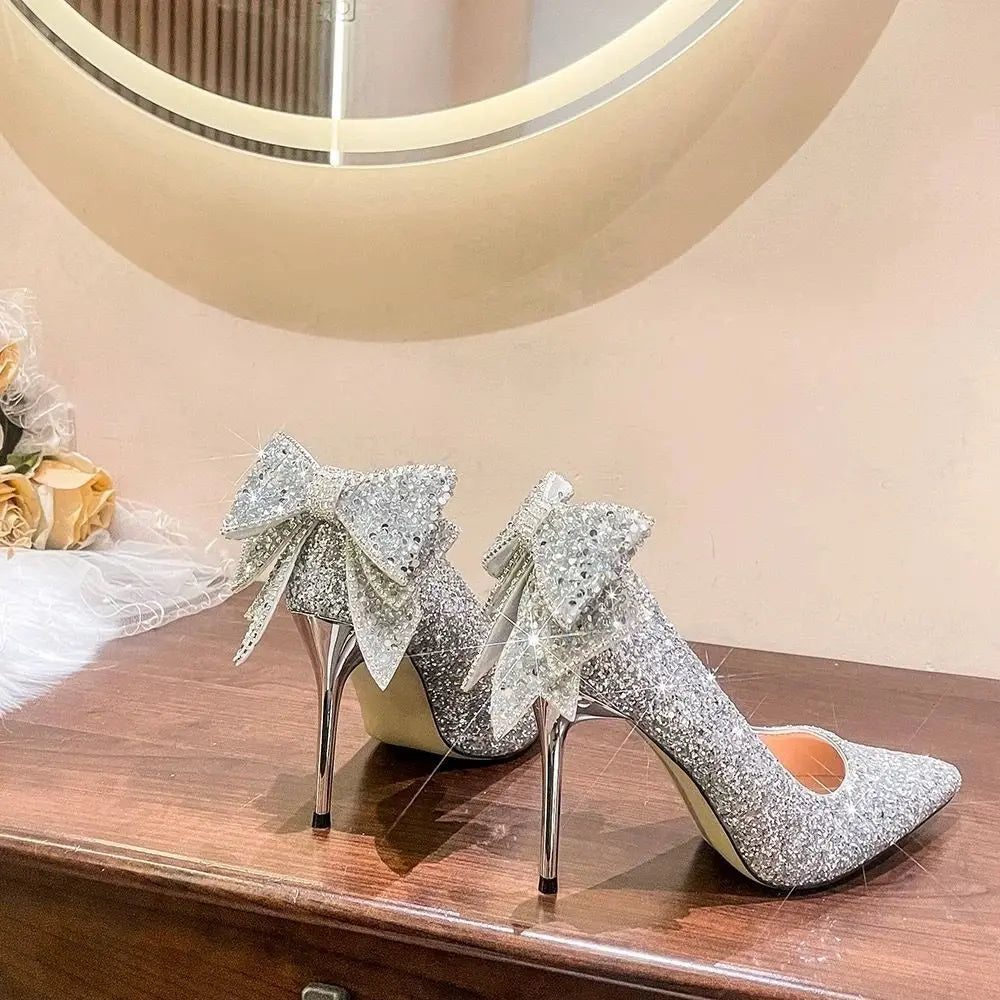 Shoes for Woman 2025 Stilito Silver Women's Summer Footwear Wedding Bride Shoe Rhinestone Pointed Toe Super High Heel Diamond 39