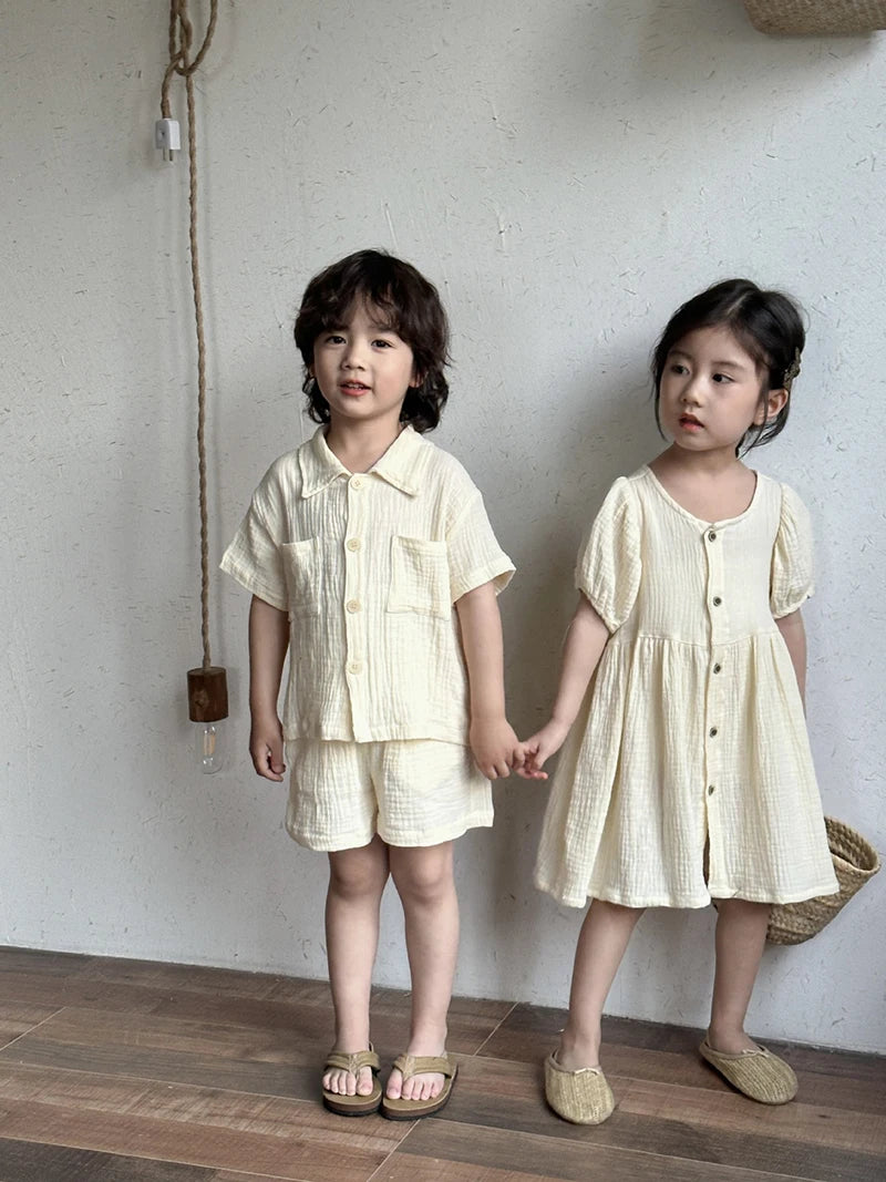 Children's Summer Clothing Set Boys' Short Sleeve Shirt Shorts 2pcs Casual Suit Girls' Solid Color Dress Sister Brother Outfit
