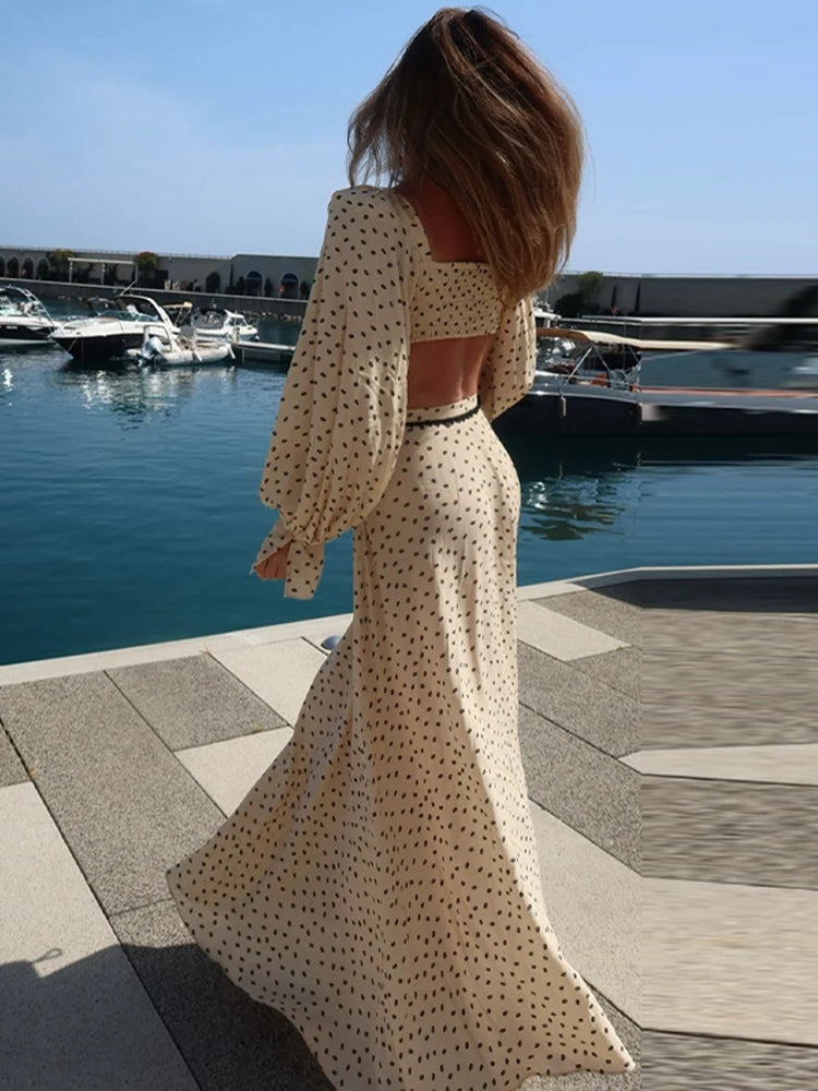 Fashion Women's Polka Dot Long Skirt Set Square Neck Lantern Sleeve Lace Crop Top High Waist A-line Skirts 2026 Summer Lady Suit