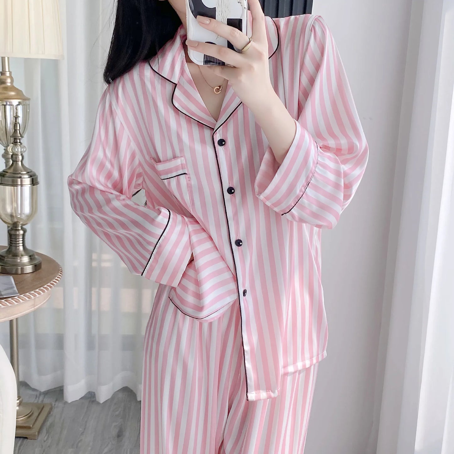 Silky Satin Pajama For Women Striped 2PCS Sleep Set Homewear 2025 Spring New Long Sleeve Trouser Suits Loungewear Nightwear