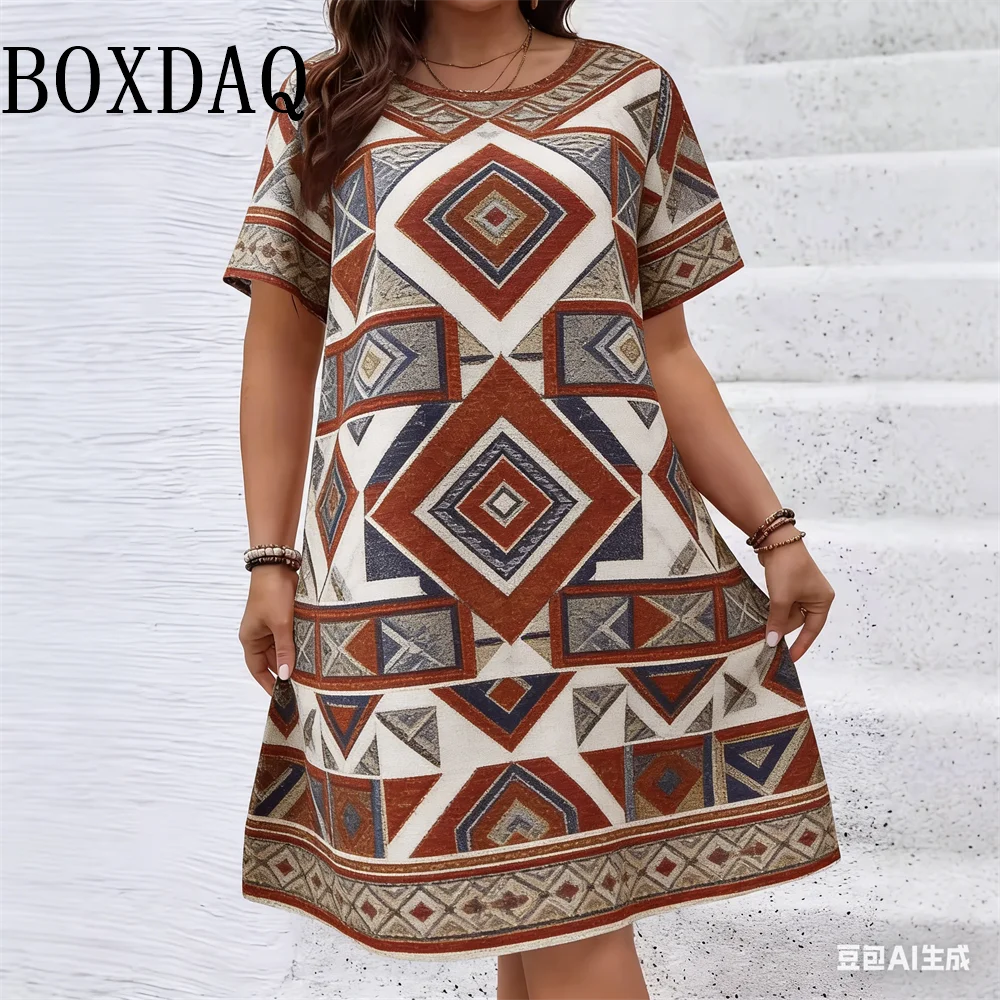 Ethnic Style Pattern Geometry Flower Dresses For Women 2026 Summer Fashion Plus Size Short Sleeve Print Dress Casual Retro Loose