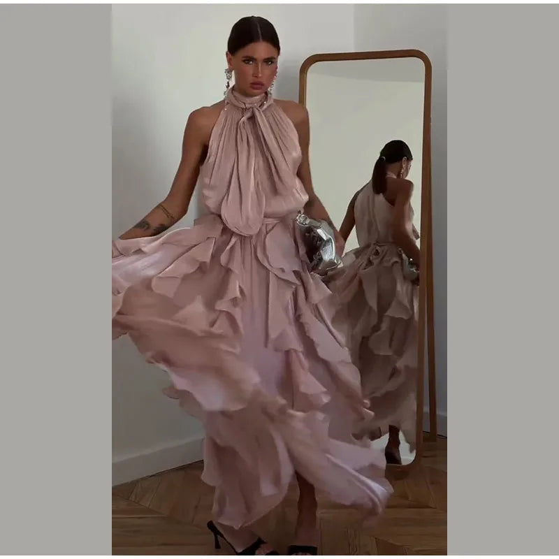 Sexy Cascading Ruffle Pleated Women Long Dress Fashion Lace Up Sleeveless Empire Female Dresses 2026 Spring Summer Lady Robe New